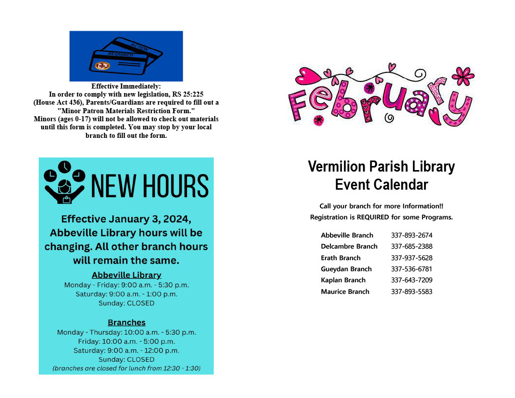 Vermilion Parish Library Calendar of Events Vermilion Parish Library