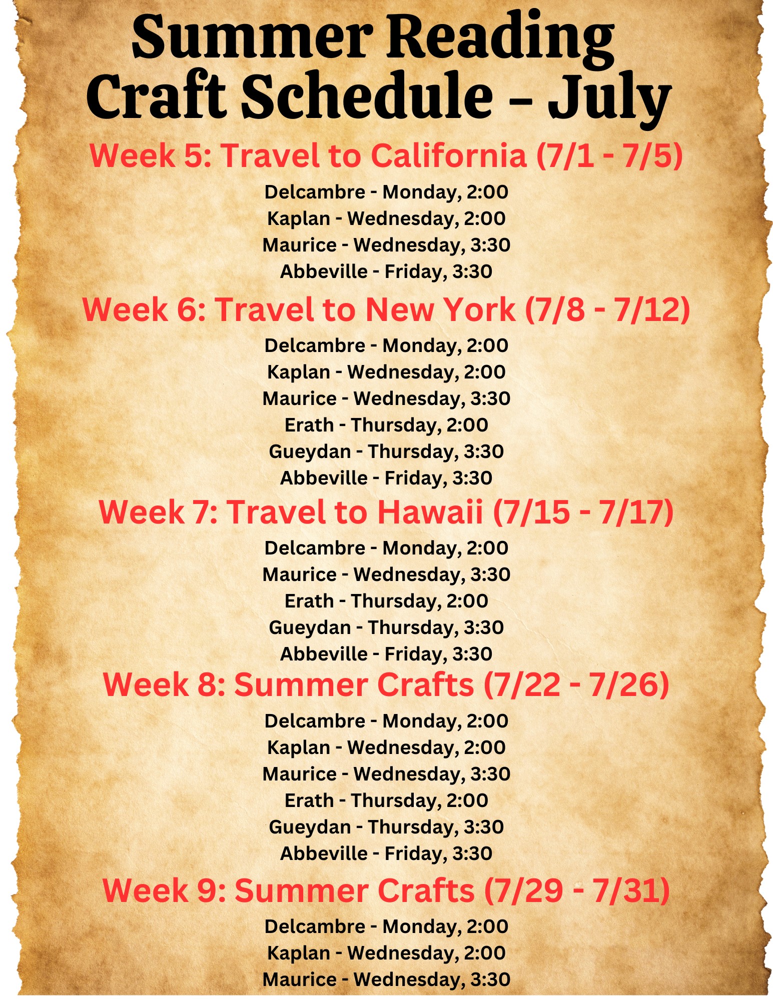 July 2024 Summer Reading Craft Schedule for All Branches