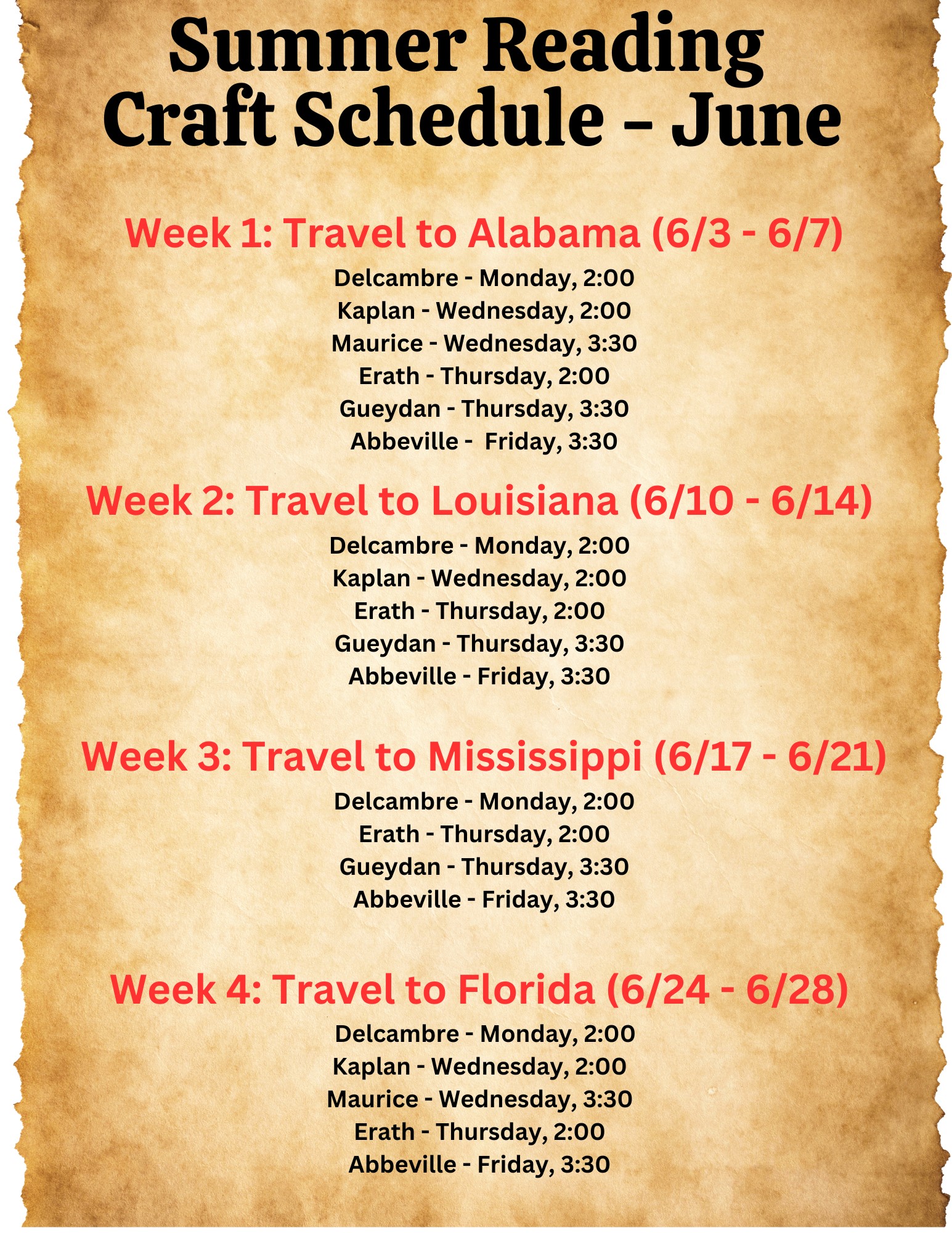 June 2024 Summer Reading Craft Schedule for All Branches