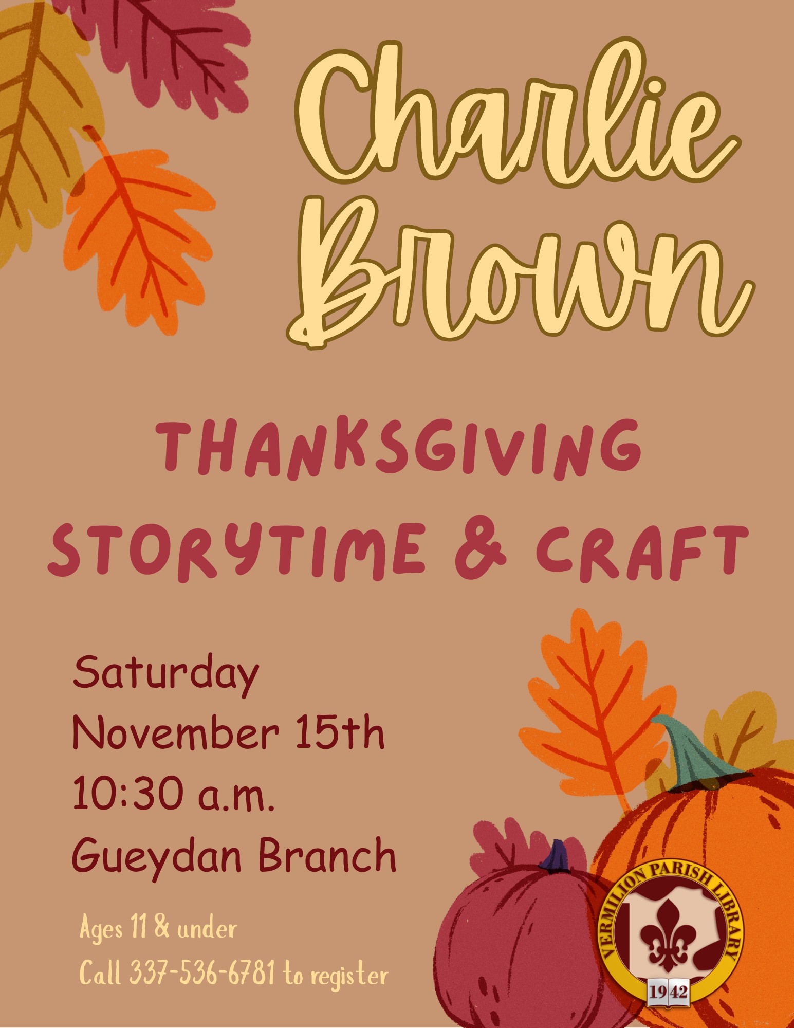 Charlie Brown Thanksgiving Storytime & Craft–Gueydan